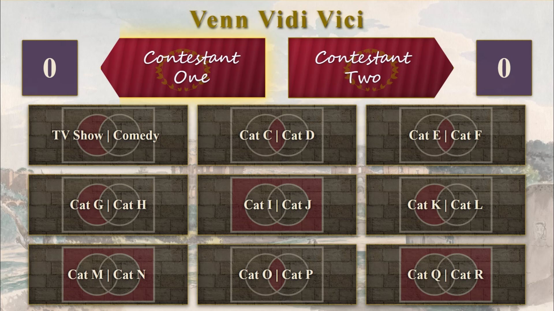 The main board of nine category cards, each a Venn diagram pairing of two topics
